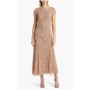 PISARRO NIGHTS New Beige Nude Beaded Mesh Midi Cocktail Dress Holiday NWT Sz 4